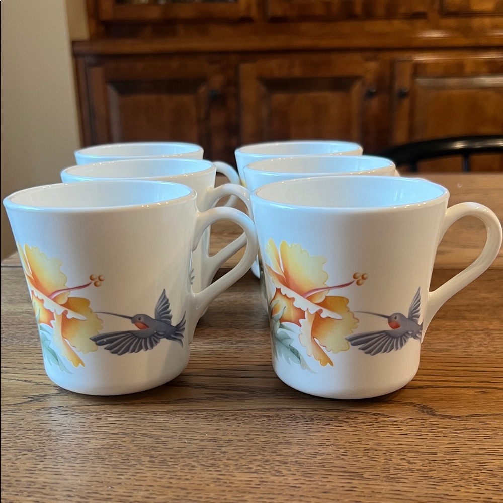 Corningware Corelle White Mugs with Hummingbird and Floral Design set of 6